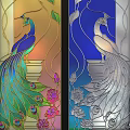 Stained Glass Window Design With Colorful Peacocks Flowers And Leaves In Blue Orange Tones