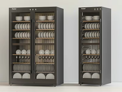 Two Black Modern Kitchen Appliance Cabinets Storing Plates Bowls and Cups 3d model