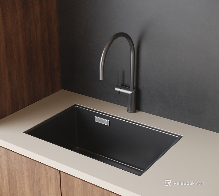 Modern Black Undermount Kitchen Sink With Light Countertop And Faucet 3d model 