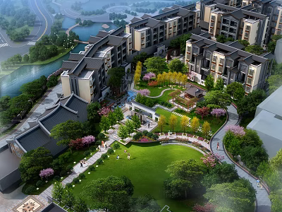 Residential Complex With Lush Greenery Central Garden Waterfront View And Walking Paths 3d model
