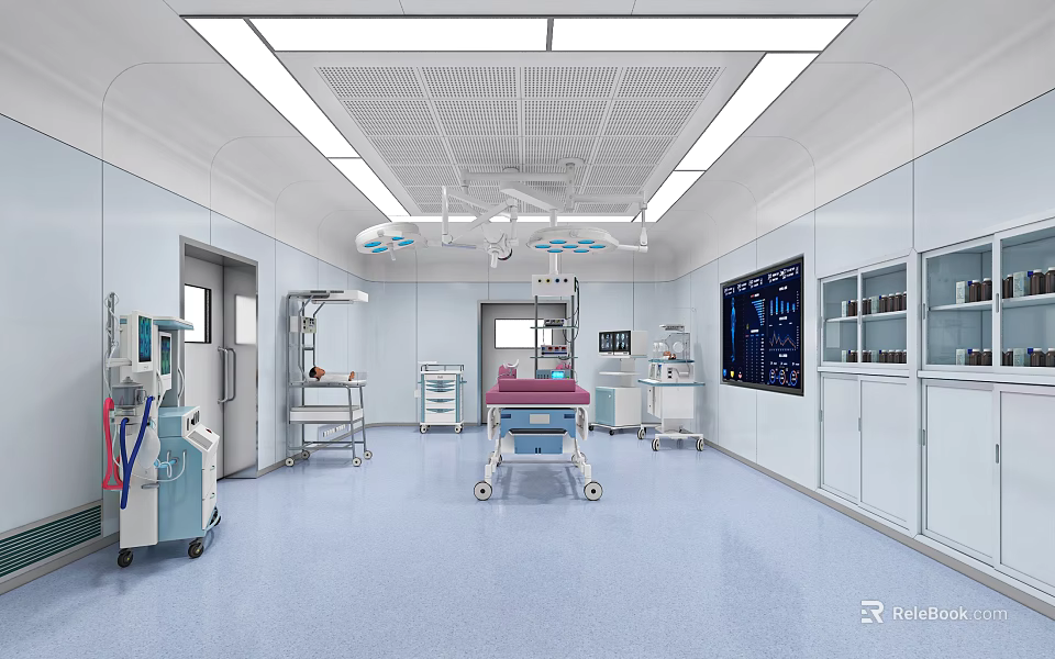 Modern Operating Room Interior With Surgical Lights Bed Monitor And Medical Equipment 3d model 