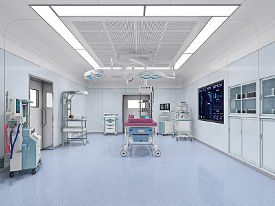 Modern Operating Room Interior With Surgical Lights Bed Monitor And Medical Equipment 3d model
