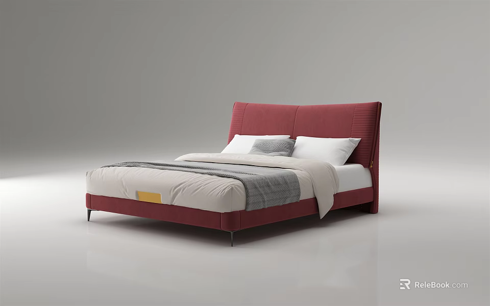 Modern Style Double Bed With Red Upholstered Headboard And White Gray Bedding 3d model