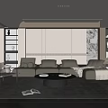 Modern Living Room Interior With Beige Sofa Round Coffee Table Area Rug And Wall Art