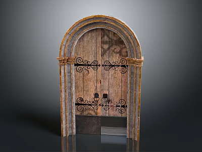 Classic Vintage Architectural Arch Wooden Door With Ornate Ironwork Design 3d model