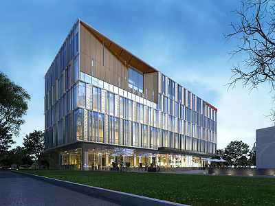 Modern Office Building Exterior With Glass Curtain Wall Surrounding Green Plants And Night Lighting 3d model