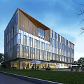 Modern Office Building Exterior With Glass Curtain Wall Surrounding Green Plants And Night Lighting