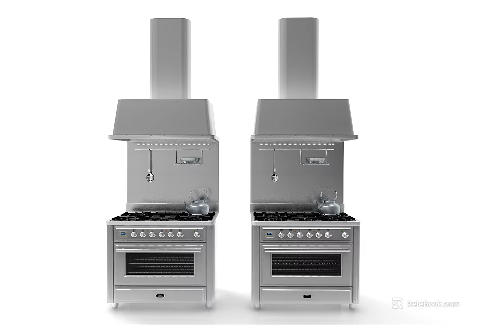 Modern Stainless Steel Kitchen Stoves With Range Hoods For Home Cooking 3d model 