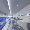 Modern Two Floor Milk Tea Shop With Blue Decor Glass Railings Tables Chairs Menu Board
