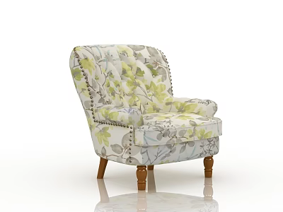 Elegant Wingback Accent Chair With Floral Print Fabric Button Tufted Design And Wooden Legs 3d model