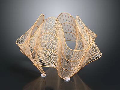 Golden Wireframe Sculpture With Curved Geometric Design And Metal Mesh Structure 3d model