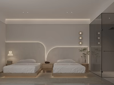 Elegant Modern Hotel Room Interior With Twin Beds Nightstands Table Lamps And Glass Partition 3d model