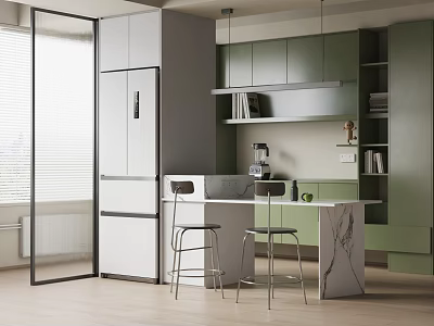 Modern Restaurant Kitchen With Open Design Green Cabinets White Refrigerator Marble Countertop And Bar Stools 3d model