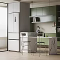 Modern Restaurant Kitchen With Open Design Green Cabinets White Refrigerator Marble Countertop And Bar Stools