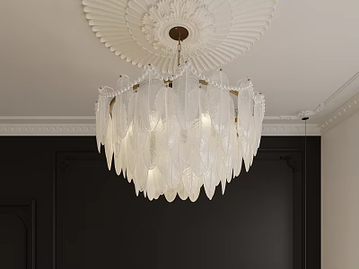 White Feather Shaped Crystal Chandelier Hanging From Ceiling With Dark Walls And Decorative Molding 3d model