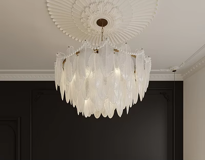 White Feather Shaped Crystal Chandelier Hanging From Ceiling With Dark Walls And Decorative Molding 3d model