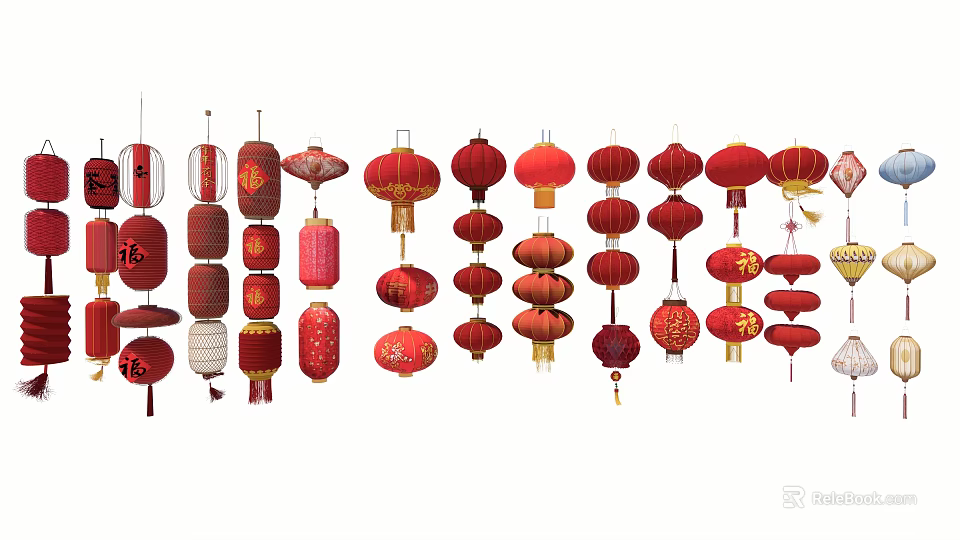 Traditional Chinese Red Lanterns With Various Shapes And Decorative Patterns 3d model