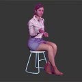 Woman In White Shirt And Blue Denim Skirt Sitting On White Stool With Brown Boots