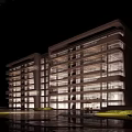 Modern White Building With Glass Facade Landscaped Waterfront Garden And People Walking