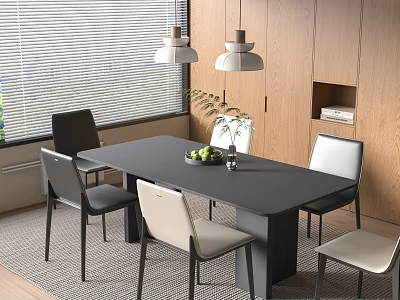 Modern Dark Gray Dining Table With Black And Beige Chairs Pendant Lights And Wooden Cabinets 3d model