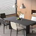 Modern Dark Gray Dining Table With Black And Beige Chairs Pendant Lights And Wooden Cabinets