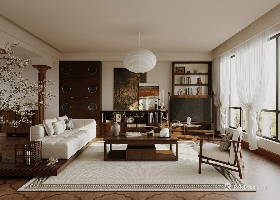 Modern Living Room Interior With White Sofa Wooden Coffee Table Bookshelf And Pendant Light 3d model 