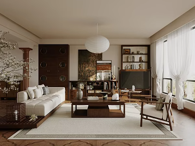 Modern Living Room Interior With White Sofa Wooden Coffee Table Bookshelf And Pendant Light 3d model