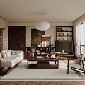 Modern Living Room Interior With White Sofa Wooden Coffee Table Bookshelf And Pendant Light
