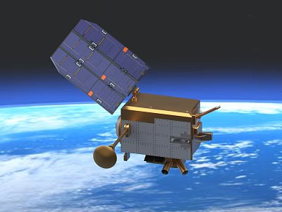 Modern Satellite With Solar Panels And Antenna Orbiting Blue Earth With Clouds 3d model
