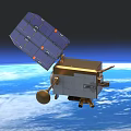 Modern Satellite With Solar Panels And Antenna Orbiting Blue Earth With Clouds