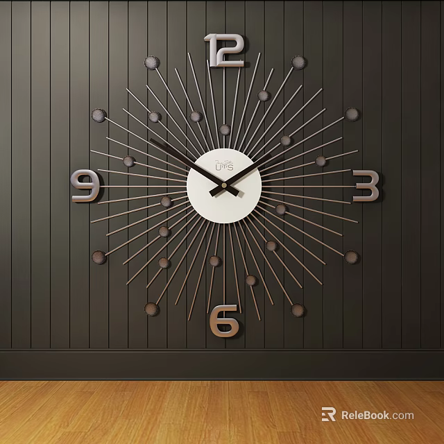 Modern Wall Clock With White Dial Metallic Numbers And Radial Design On Dark Wooden Wall 3d model 