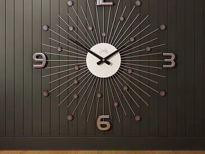 Modern Wall Clock With White Dial Metallic Numbers And Radial Design On Dark Wooden Wall 3d model