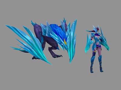 Blue Crystal Armored Character and Ice Dragon with Frosty Blue Scales Fantasy Design 3d model