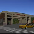Modern Style Entrance Gate With Stone Structure Trees Parked Cars And Green Trees