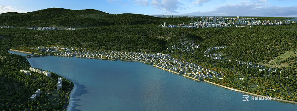 Birds Eye View Master Plan Of Coastal Waterfront Residences With Green Hills And Distant Cityscape 3d model 