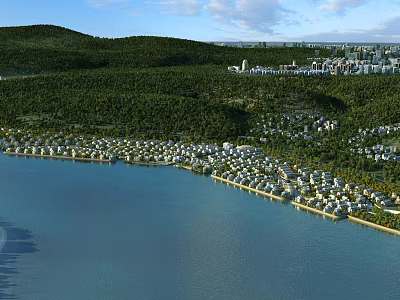 Birds Eye View Master Plan Of Coastal Waterfront Residences With Green Hills And Distant Cityscape 3d model