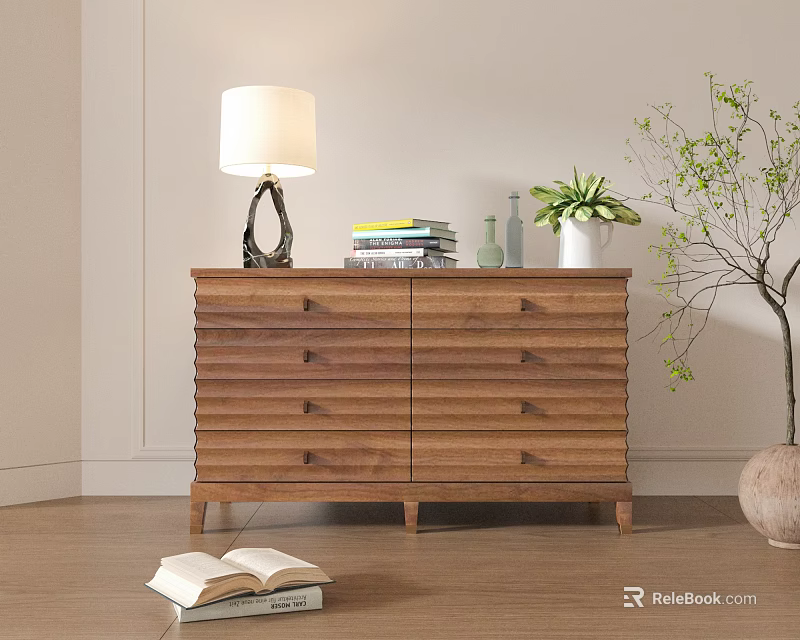 Wooden Entryway Console Table with Drawers Table Lamp Books Vase And Potted Plant 3d model 