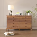 Wooden Entryway Console Table with Drawers Table Lamp Books Vase And Potted Plant