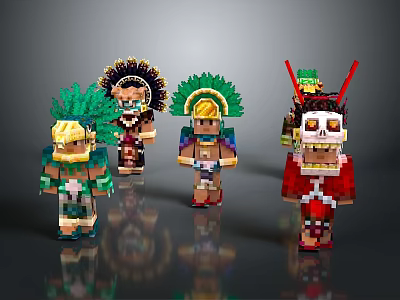 Colorful Pixel Art Sculptures With Traditional Feather Headdress And Costumes 3d model