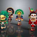 Colorful Pixel Art Sculptures With Traditional Feather Headdress And Costumes