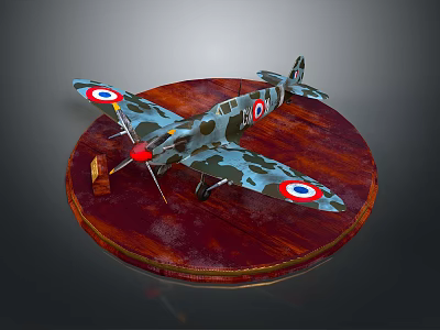 Camouflage Airplane Model With Red Propeller On Wooden Base And Wing Insignia 3d model