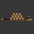 Stacked Natural Wood Logs on Stone Base with Scattered Wooden Pieces