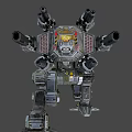 Futuristic Battle Mech With Armored Body Multiple Cannons And Glowing Yellow Red Lights