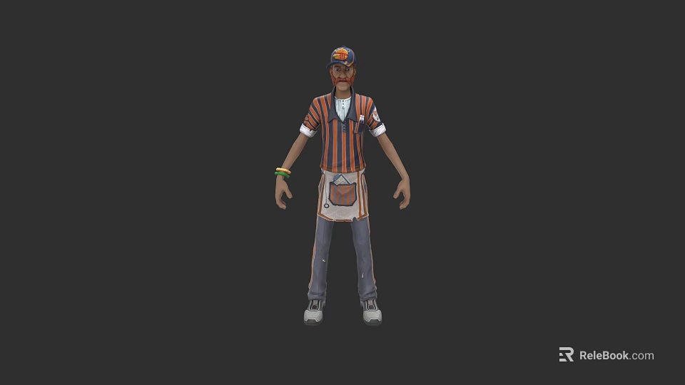 3D Character Model Wearing Striped Shirt Apron Hat Bracelet And Casual Pants 3d model 