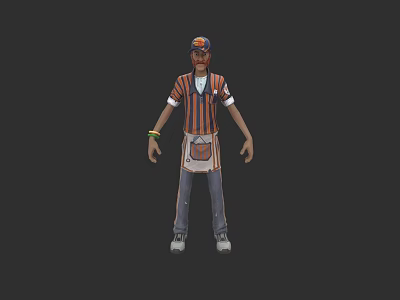 3D Character Model Wearing Striped Shirt Apron Hat Bracelet And Casual Pants 3d model
