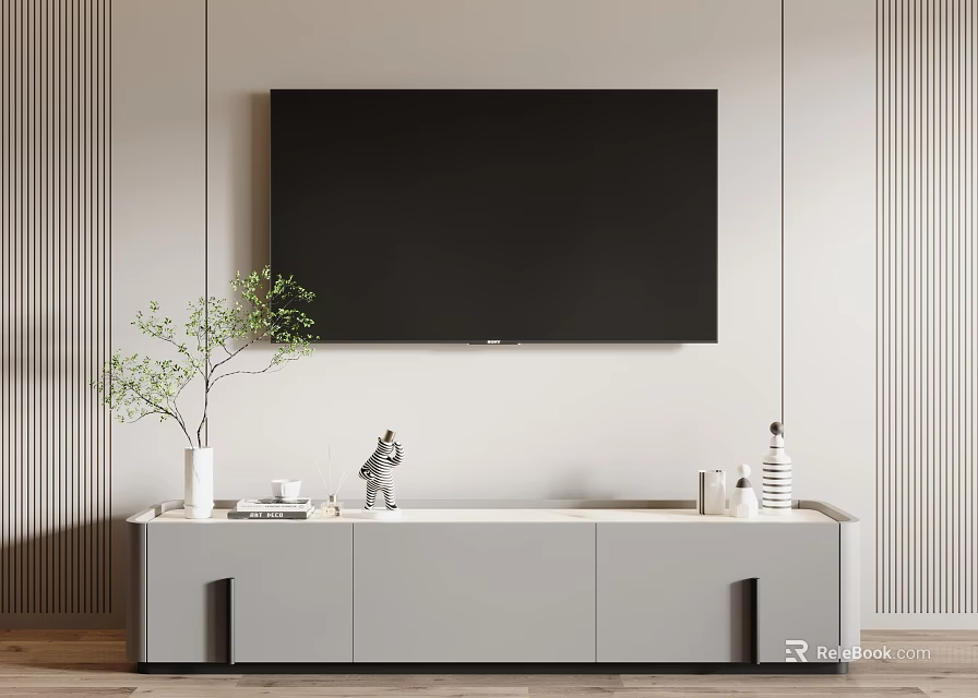 Modern Light Gray TV Stand Interior With Wall Mounted TV Vase And Decorative Figurines 3d model 