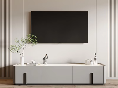 Modern Light Gray TV Stand Interior With Wall Mounted TV Vase And Decorative Figurines 3d model