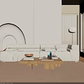 Modern Three Seater Sofa In Cozy Living Room With Fireplace And Wooden Coffee Table