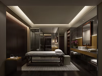 Elegant SPA Sauna Space Featuring Massage Bed Wooden Paneling Modern Washbasin And Ambient Lighting 3d model