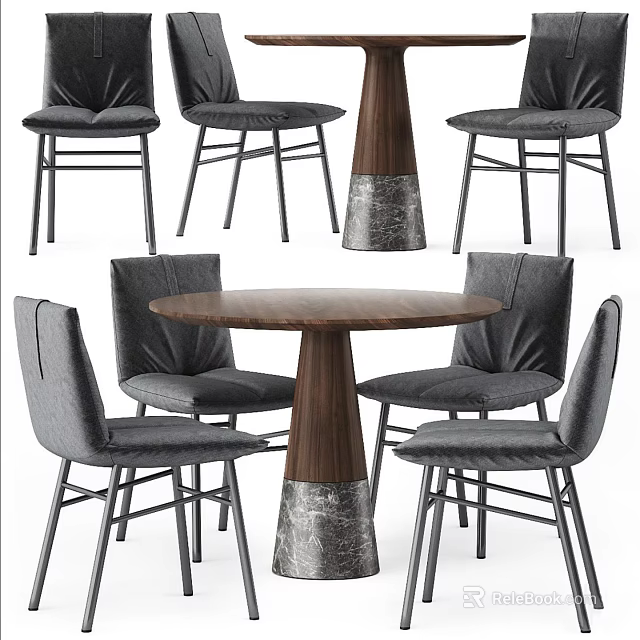 Modern Round Wooden Dining Table Set With Gray Upholstered Chairs And Metal Legs 3d model 
